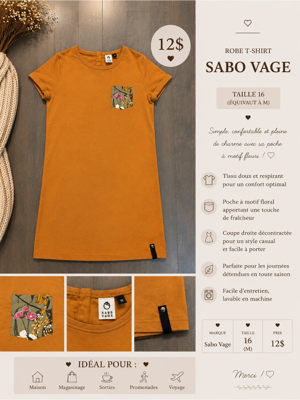 Women's Short-Sleeve Tee Dress — Mustard with Floral Pocket